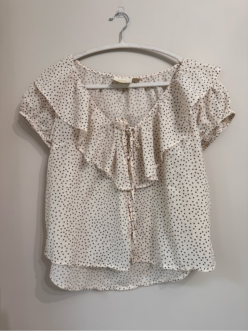 Maeve by Anthropologie Polka Dot Ruffle-Neck Blouse - Cream/Black w Buttons